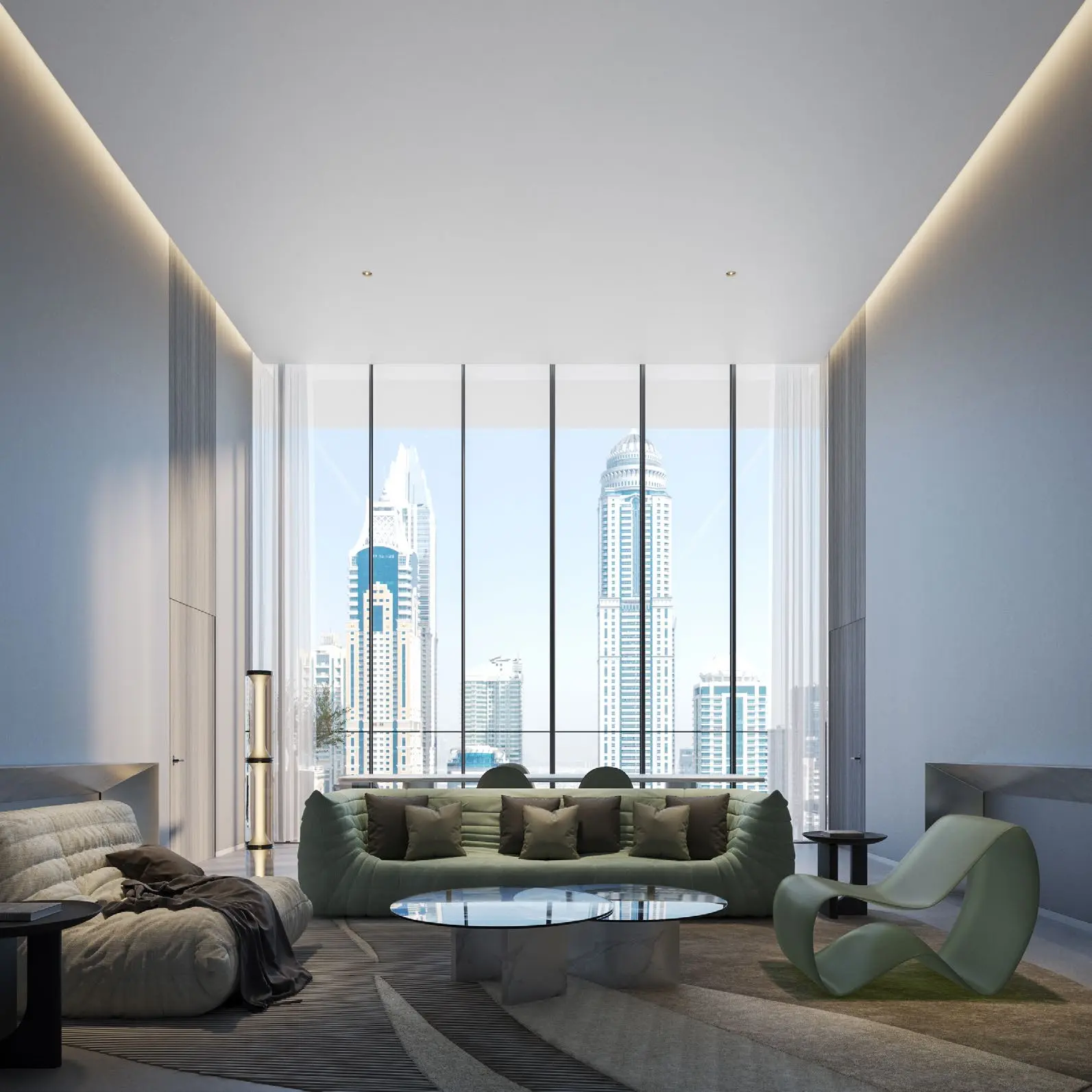 Bright luxury apartment with floor-to-ceiling windows