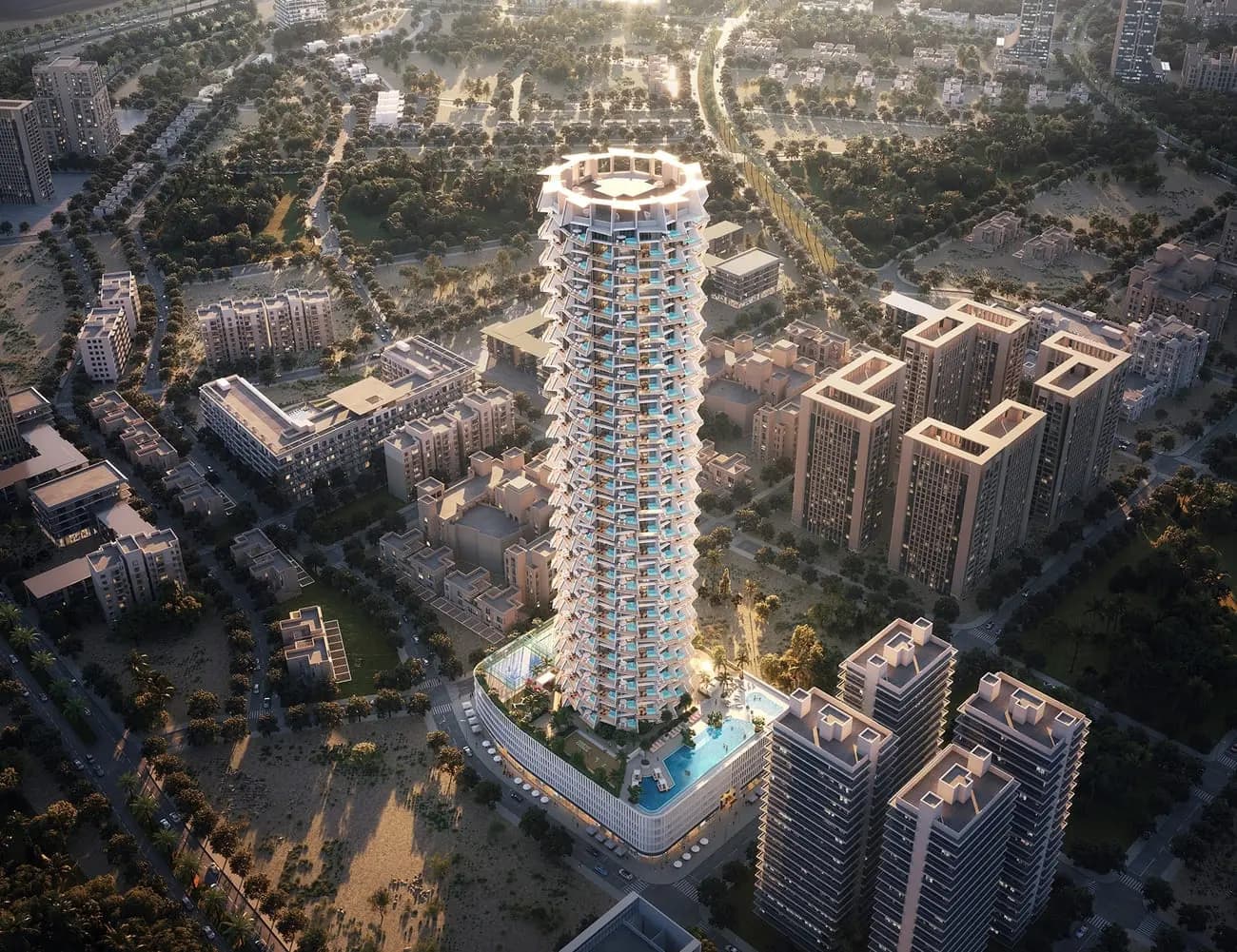 Binghatti Grove tower and landscaped surroundings in Jumeirah Village Circle