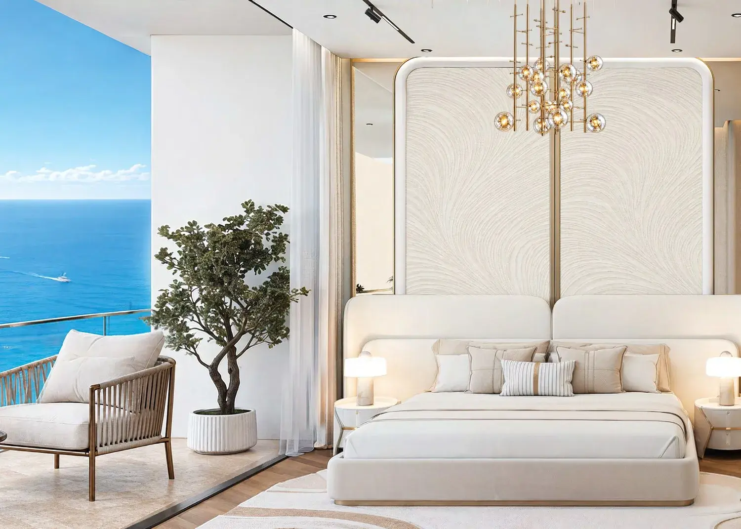 Shahrukhz Residences bedroom with floor-to-ceiling windows overlooking the sea