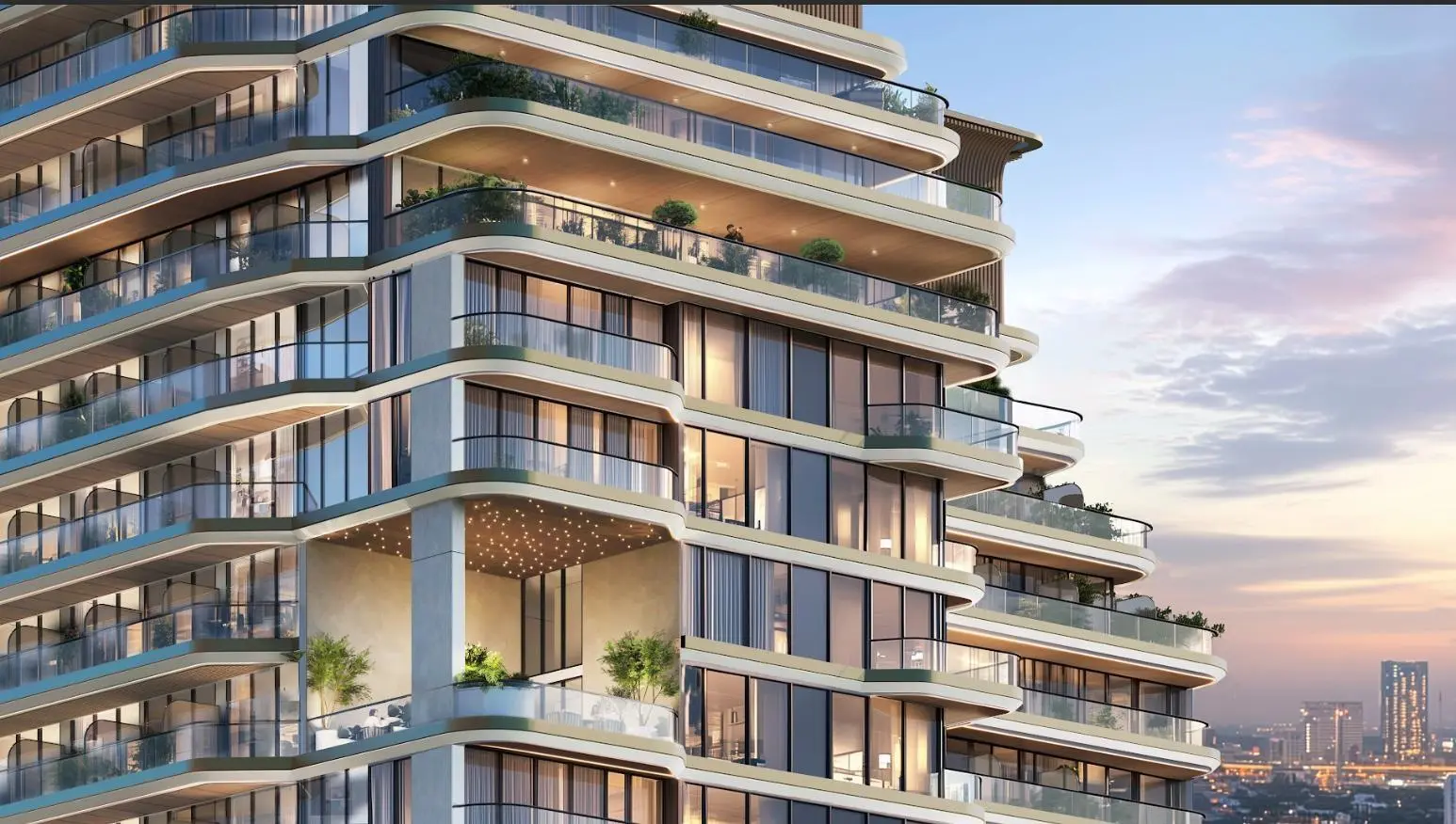 Marquis One exterior with curved balconies, glass railings and planted terraces.