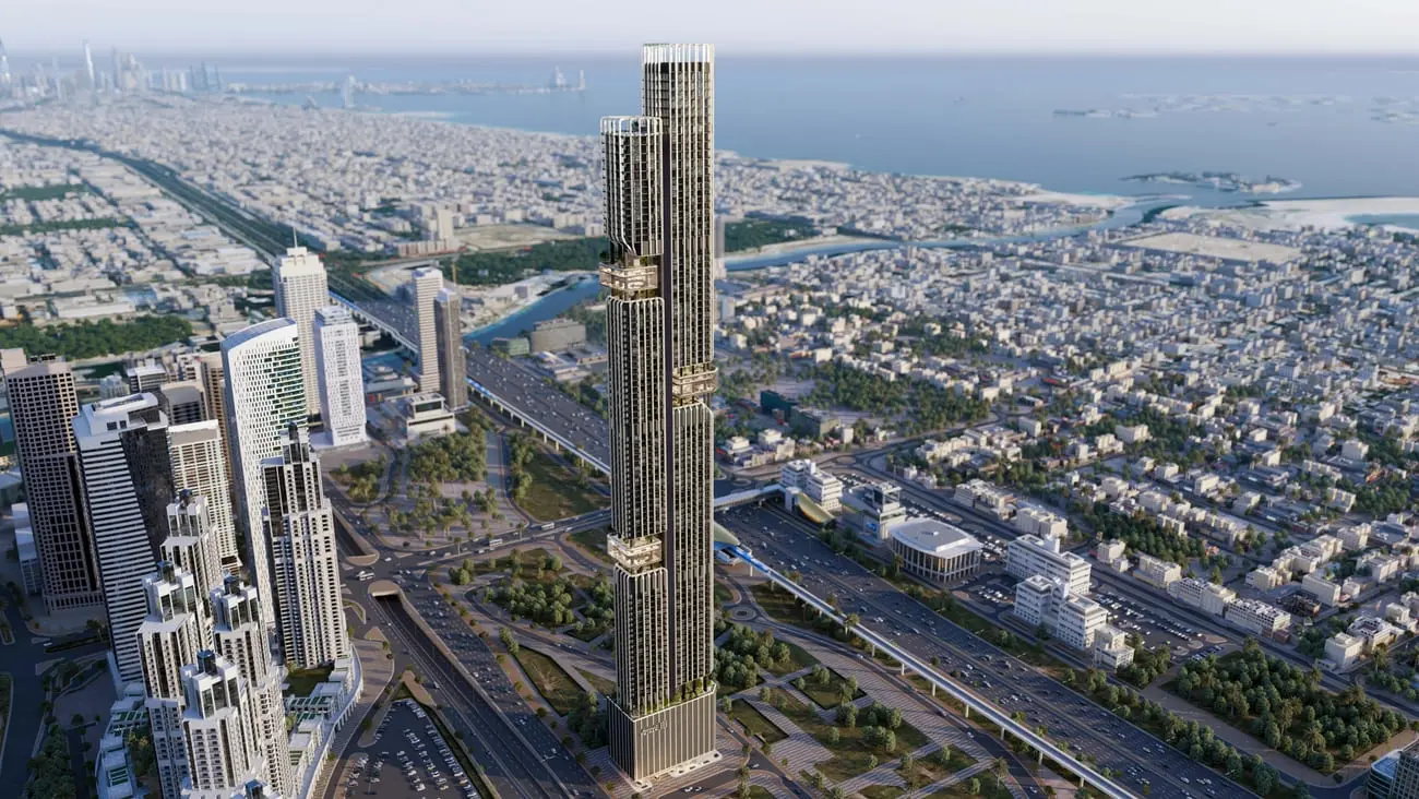 Aerial rendering of DWTN Residences tower and the surrounding Dubai skyline.