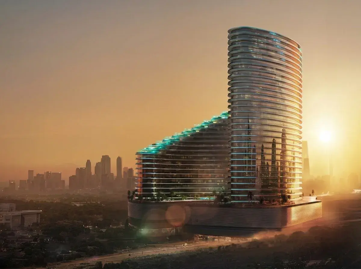 Binghatti Skyflame exterior architecture in Majan Dubai