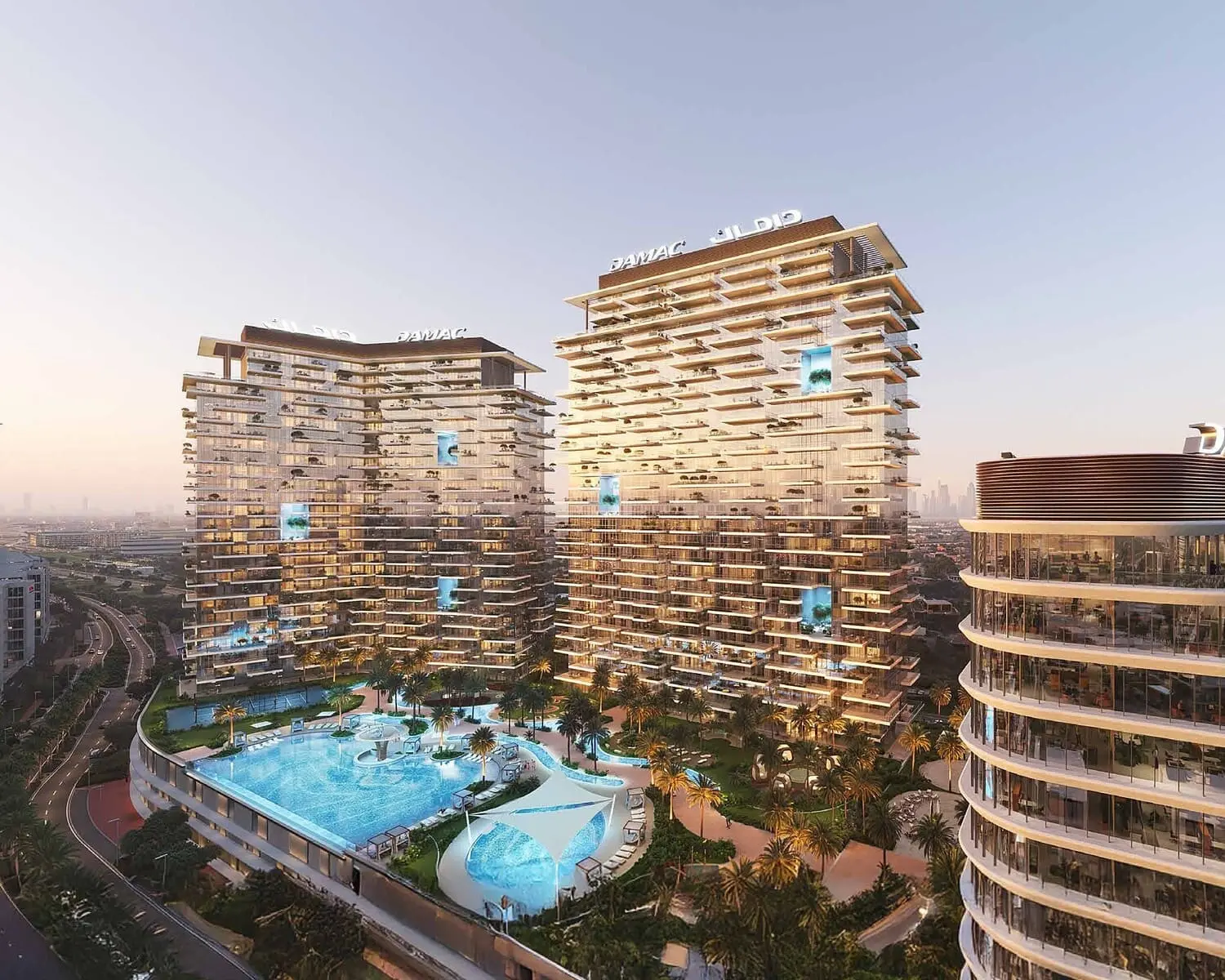 DAMAC District pool and residential towers