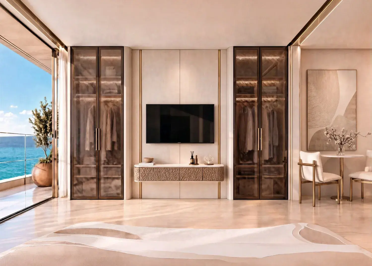 Shahrukhz Residences apartment interior with TV wall and built-in shelving