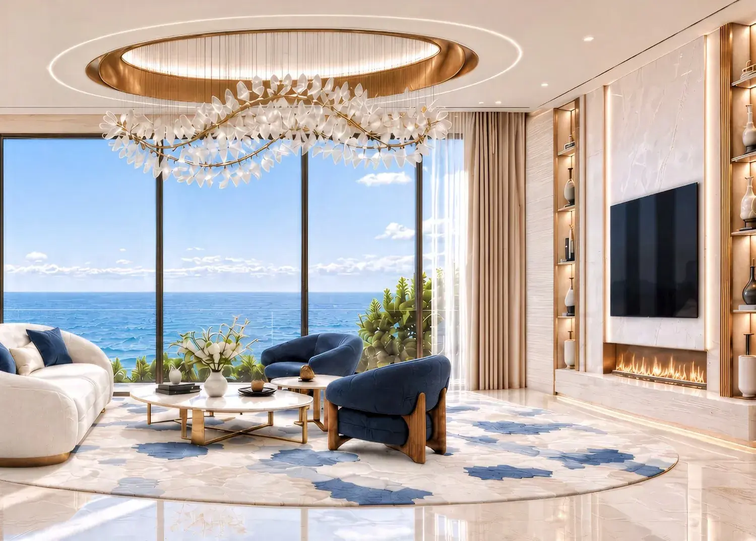 Shahrukhz Residences living room with curved seating and sea views