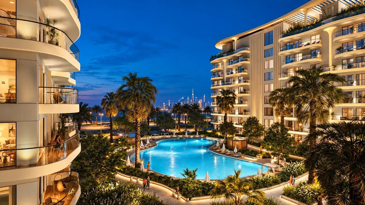 Sorrento by DAMAC apartment buildings surrounding an illuminated swimming pool at dusk.