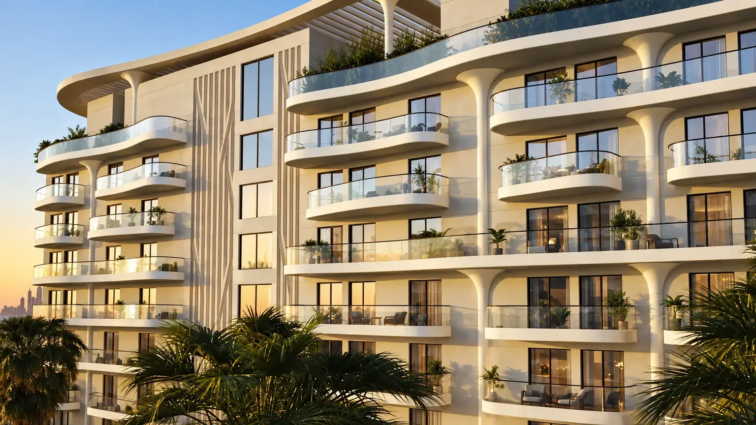 Sorrento by DAMAC exterior featuring curved balconies and landscaped gardens.