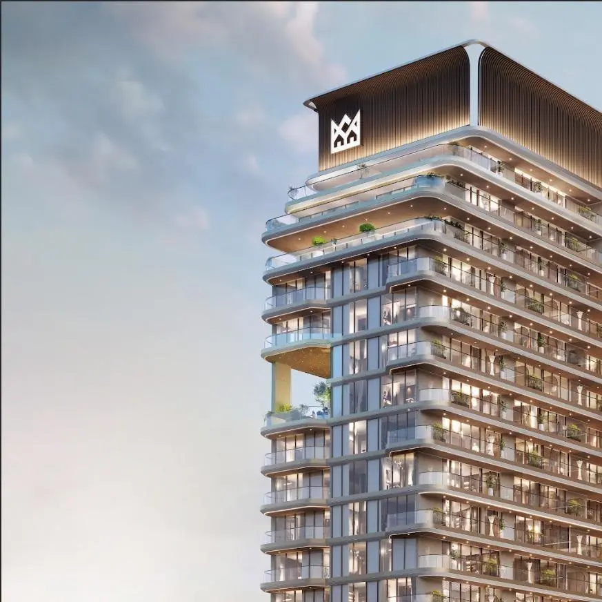 Side view of Marquis One showing its contemporary façade and wraparound balconies.