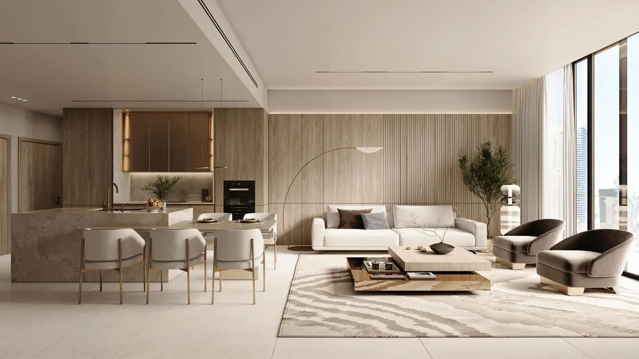 DWTN Residences open-plan living and dining area with neutral furnishings and contemporary finishes.