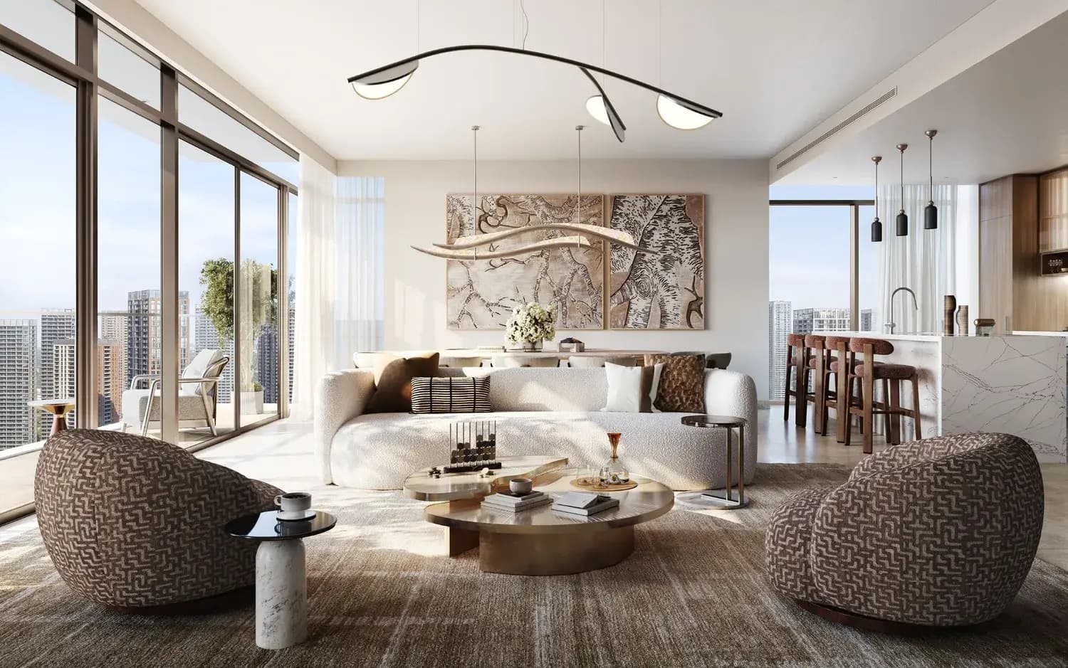 Valia by Emaar contemporary lounge with curved seating, decorative lighting and large windows.