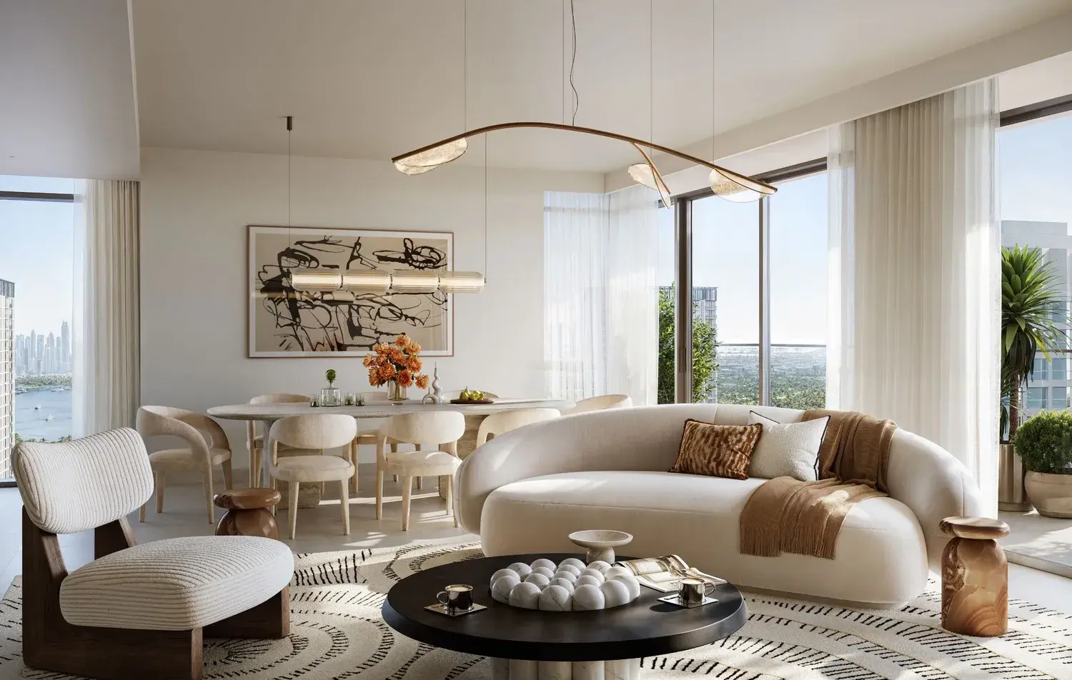 Valia by Emaar living and dining area with neutral furnishings and floor-to-ceiling windows.